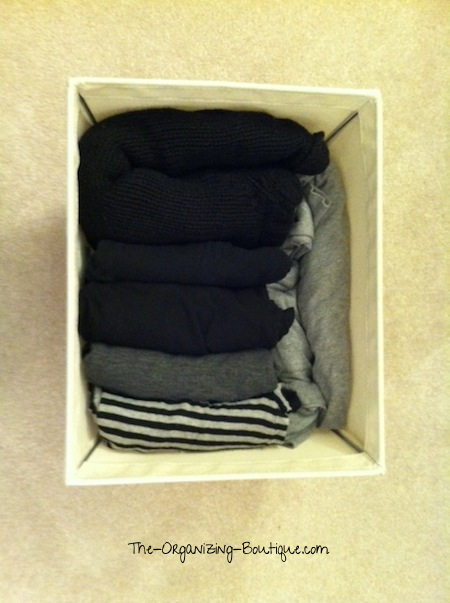 organize cardigans for women & men in open canvas storage bins