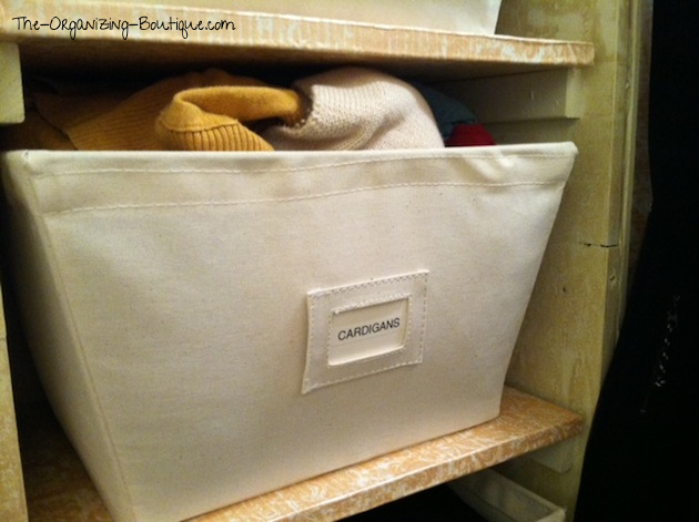 organize cardigans for women & men in open canvas storage bins