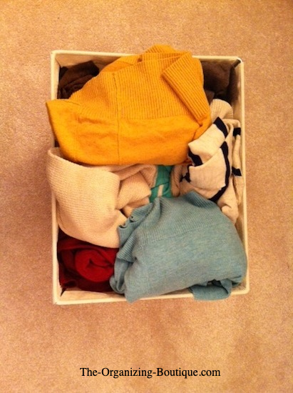 organize cardigans for women & men in open canvas storage bins