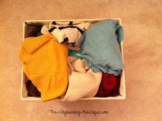 organize cardigans for women & men in open canvas storage bins