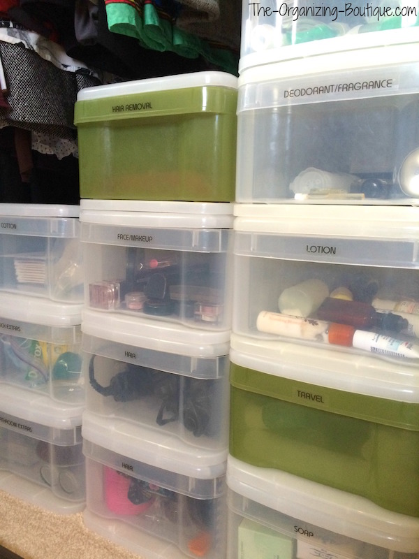 I use plastic organizer drawers all over my house and in my clients' homes. This is how to use them to keep all of your bathroom items orderly.