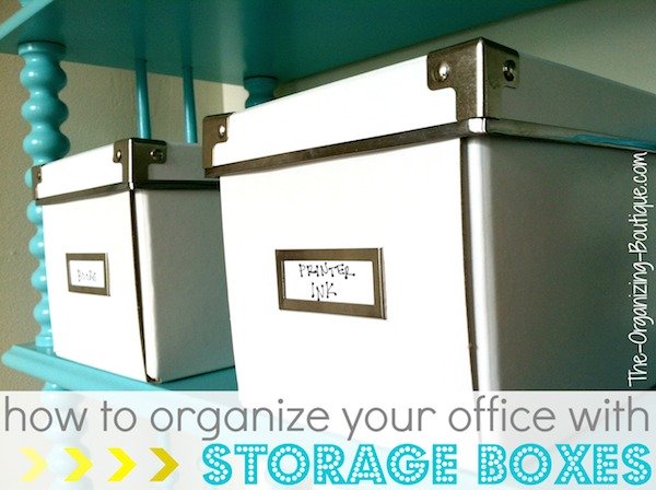 Using office storage boxes is one of my favorite office organization ideas. It's so easy and looks great!